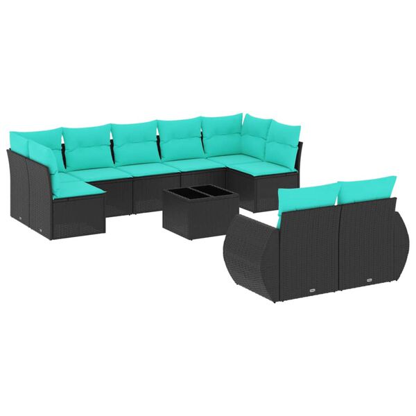 vidaXL 10-teiliges Gartensofa-Set mit Kissen, schwarzes Polyrattan