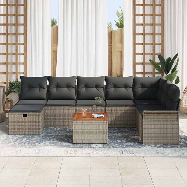 vidaXL Garten-Sofa-Set mit Kissen mit Speicher 9 pcs Grau Poly Rattan