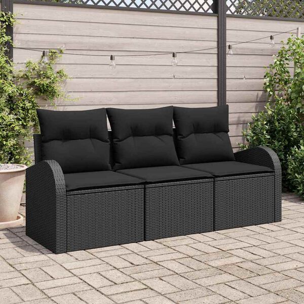 vidaXL Garten-Sofa-Set mit Kissen 3 pcs Schwarz Poly Rattan