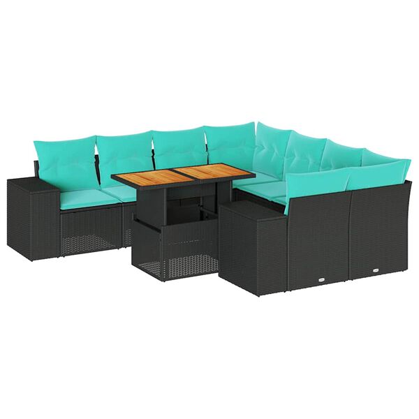 vidaXL 9-tlg. Garten-Sofagarnitur mit Kissen Schwarz Poly Rattan