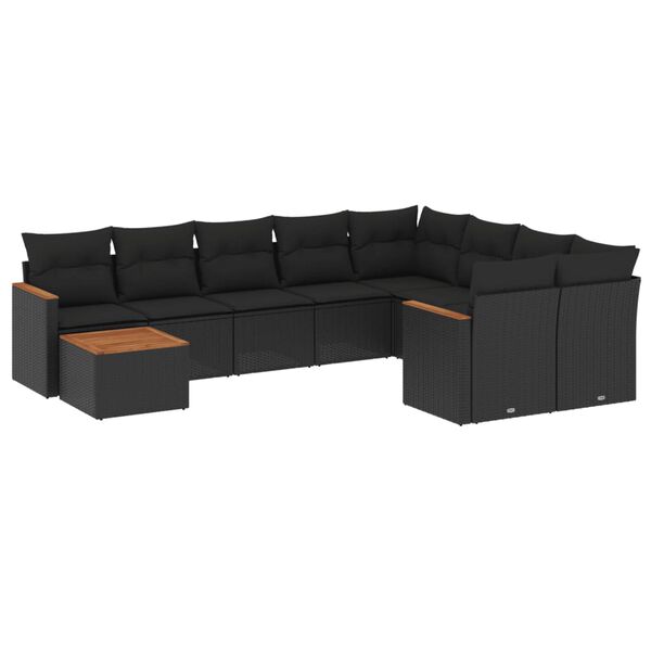 vidaXL 10-tlg. Garten-Sofagarnitur mit Kissen Schwarz Poly Rattan