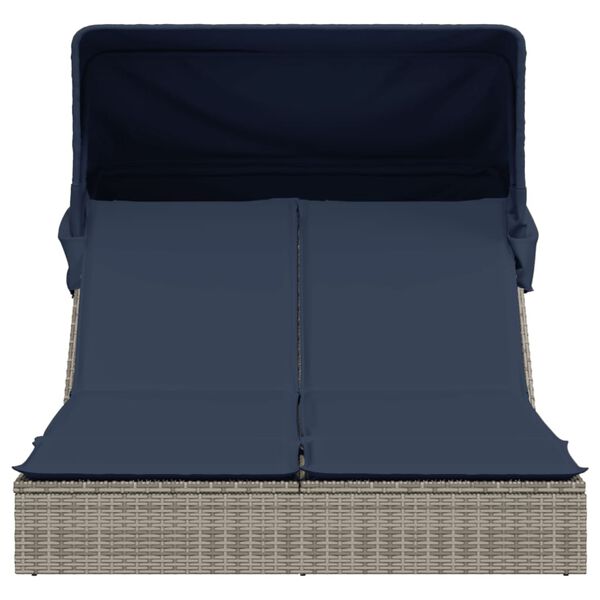 vidaXL Doppelte Sonnenliege mit Baldachin und Kissen, grau, Polyrattan