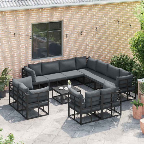 vidaXL Garten-Sofa-Set mit Kissen 12 pcs Schwarz Aluminium