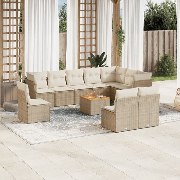 vidaXL 11-tlg. Garten-Sofagarnitur mit Kissen Beige Poly Rattan