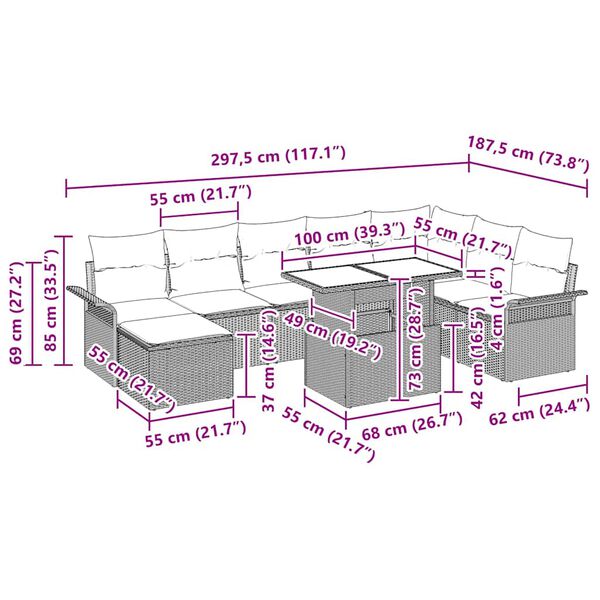 vidaXL Garten-Sofa-Set mit Kissen 9 pcs Beige und Hellgrau