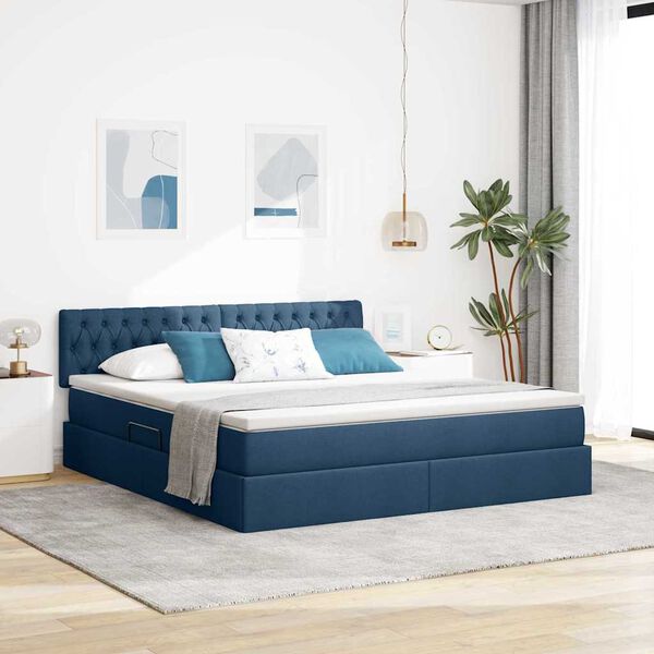 vidaXL Bett mit Stauraum und LED mit Matratze Blau 180 x 200 cm Stoff