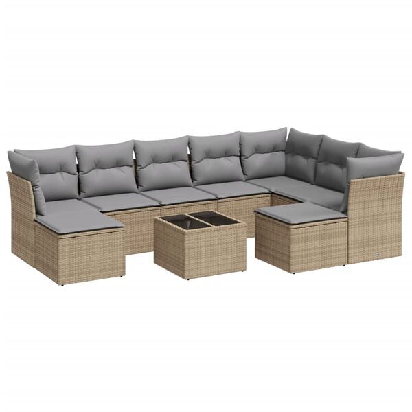 vidaXL 10-tlg. Garten-Sofagarnitur mit Kissen Beige Poly Rattan