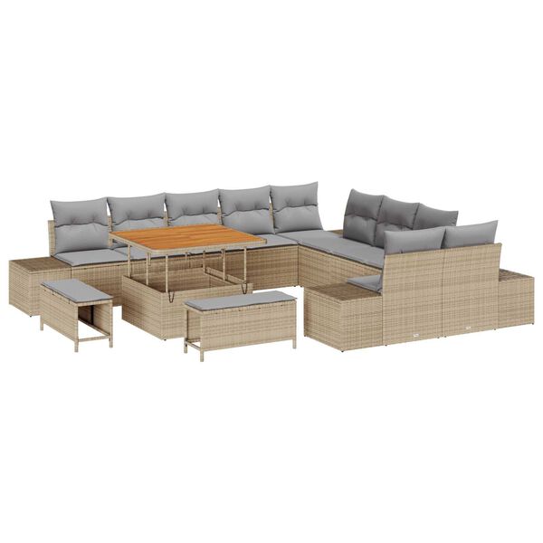 vidaXL Gartensofa-set mit Kissen mit Speicher 13 pcs Beige Poly Rattan