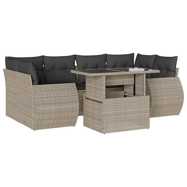 vidaXL 7-tlg. Garten-Sofagarnitur mit Kissen Hellgrau Poly Rattan