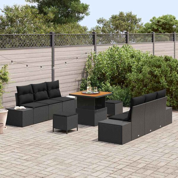 vidaXL Garten-Sofa-Set mit Kissen 9 pcs Schwarz Poly Rattan