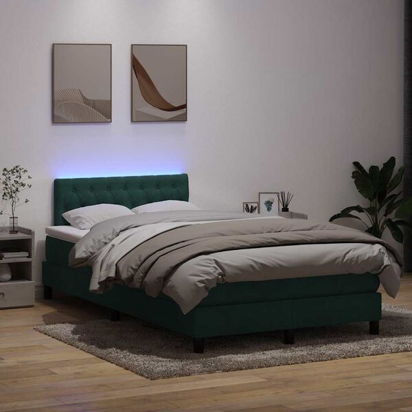 vidaXL Boxspringbett mit Matratze & LED Dunkelgr&uuml;n 120x210 cm Samt