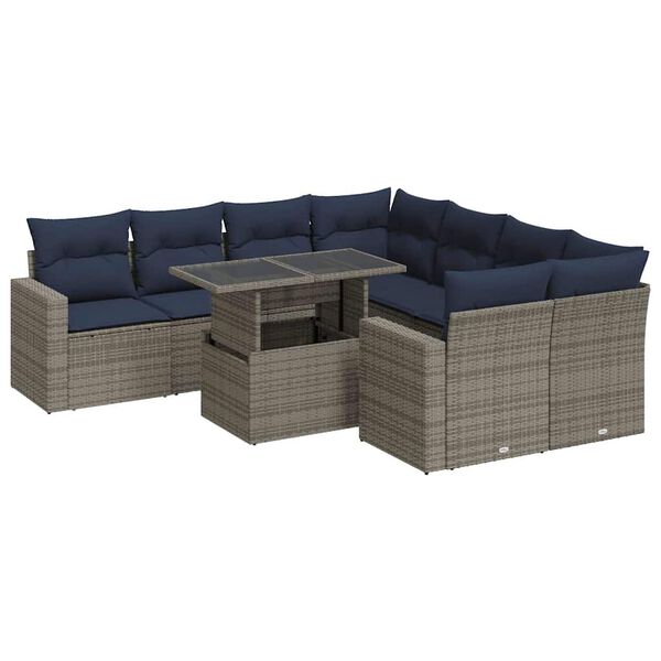 vidaXL 9-tlg. Garten-Sofagarnitur mit Kissen Grau Poly Rattan Akazie