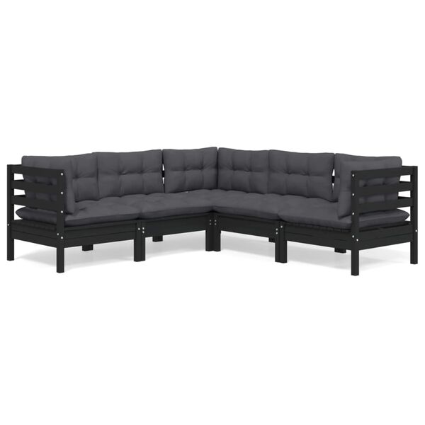 vidaXL 5-tlg. Garten-Lounge-Set mit Kissen Schwarz Kiefer Massivholz