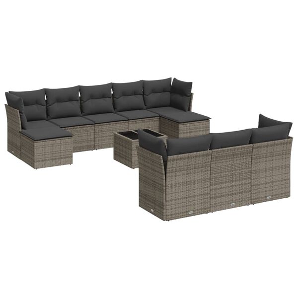 vidaXL 11-tlg. Garten-Sofagarnitur mit Kissen Grau Poly Rattan