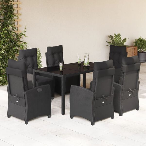 vidaXL 7-tlg. Garten-Essgruppe mit Kissen Schwarz Poly Rattan