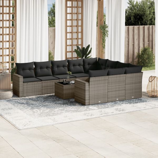 vidaXL 11-tlg. Garten-Sofagarnitur mit Kissen Grau Poly Rattan