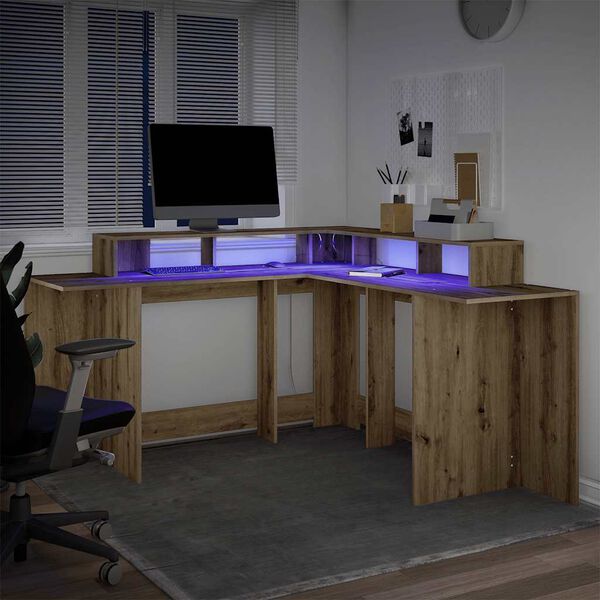 vidaXL LED-Schreibtisch Artisan-Eiche 152x152x91 Holzwerkstoff