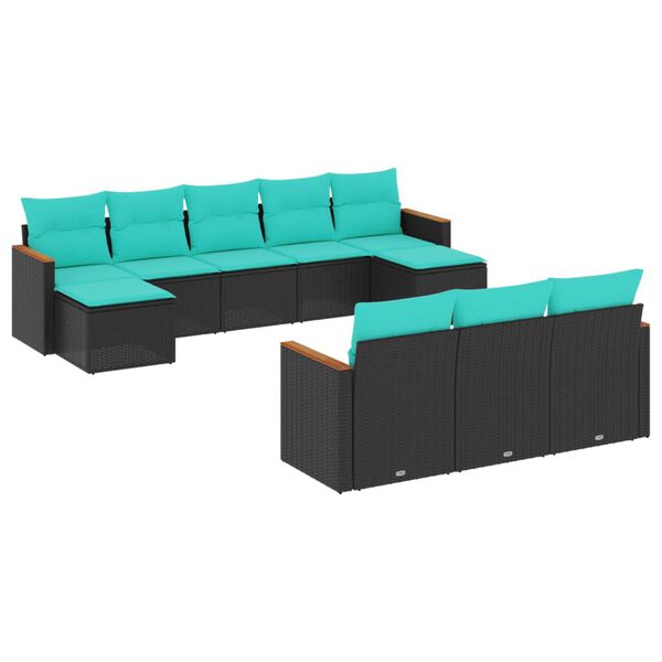 vidaXL 10-teiliges Gartensofa-Set mit Kissen, schwarzes Polyrattan