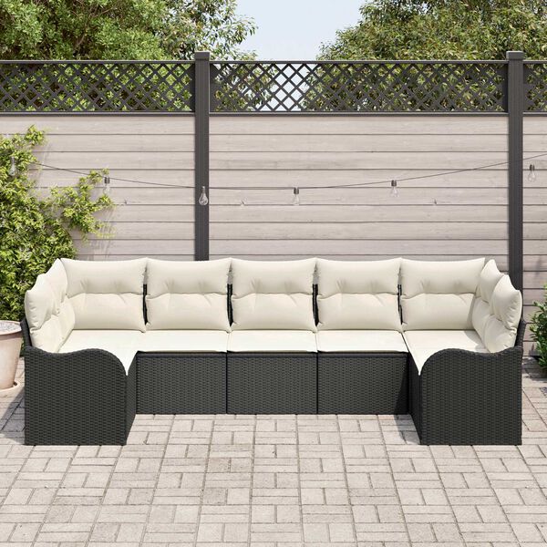 vidaXL Garten-Sofa-Set mit Kissen 7 pcs Schwarz und Wei&szlig; Poly Rattan