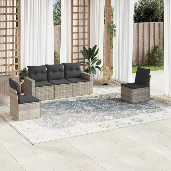 vidaXL 5-tlg. Garten-Sofagarnitur mit Kissen Hellgrau Poly Rattan