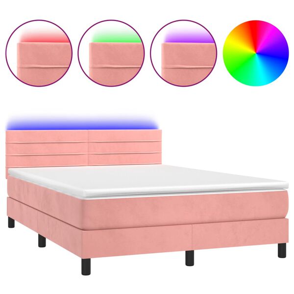 vidaXL Boxspringbett mit Matratze & LED Rosa 140x200 cm Samt