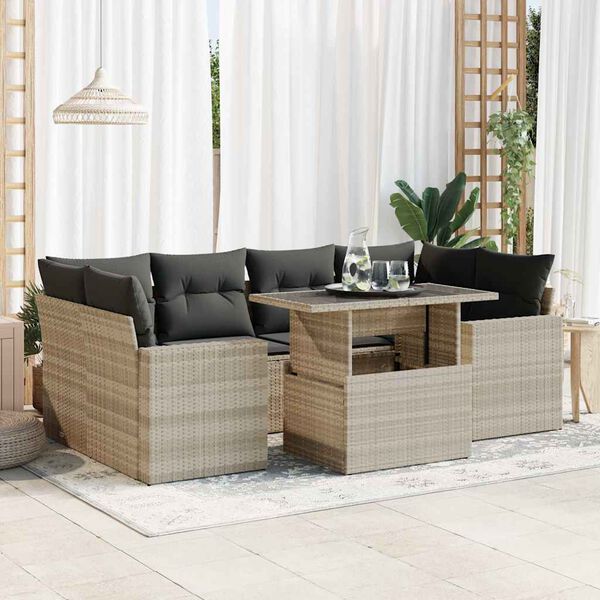 vidaXL 7-tlg. Garten-Sofagarnitur mit Kissen Hellgrau Poly Rattan