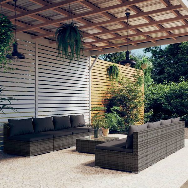 vidaXL 9-tlg. Garten-Lounge-Set mit Auflagen Poly Rattan Grau