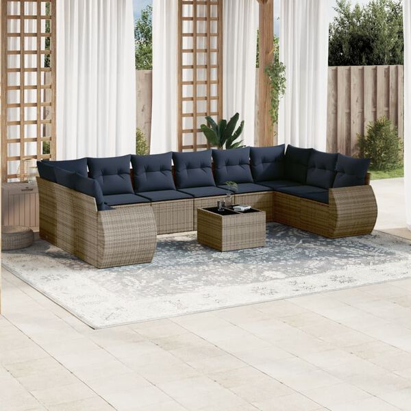 vidaXL 11-teiliges Gartensofa-Set mit Kissen, grau, Polyrattan
