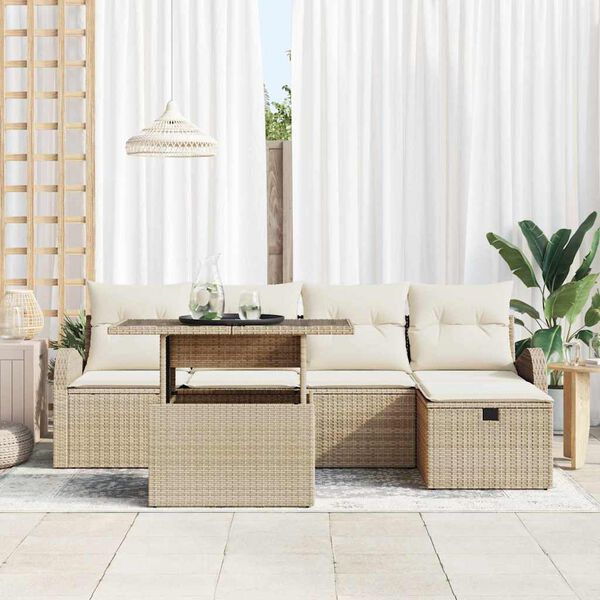 vidaXL Garten-Sofa-Set mit Kissen mit Speicher 6 pcs Beige Poly Rattan