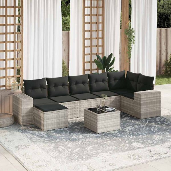 vidaXL 8-tlg. Garten-Sofagarnitur mit Kissen Hellgrau Poly Rattan