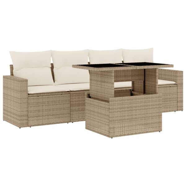 vidaXL 5-tlg. Garten-Sofagarnitur mit Kissen Beige Poly Rattan