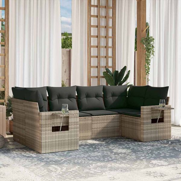 vidaXL 6-tlg. Garten-Sofagarnitur mit Kissen Hellgrau Poly Rattan