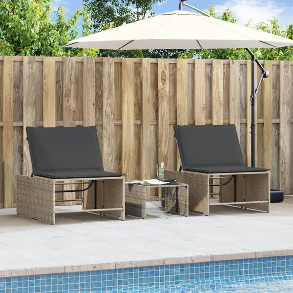 vidaXL Sonnenliegen 2 Stk. mit Tisch Grau Poly Rattan