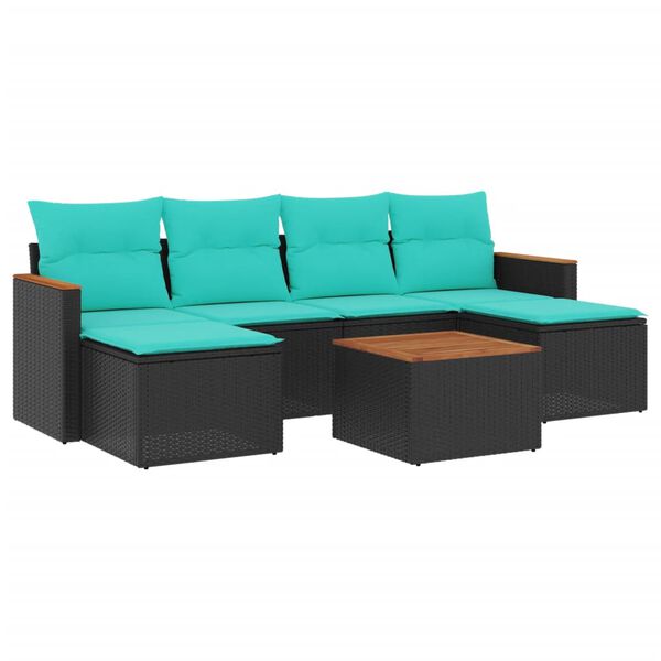vidaXL 7-teiliges Gartensofa-Set mit Kissen, schwarzes Polyrattan