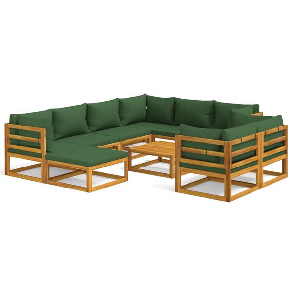 vidaXL 10-tlg. Garten-Lounge-Set mit Grünen Kissen Massivholz