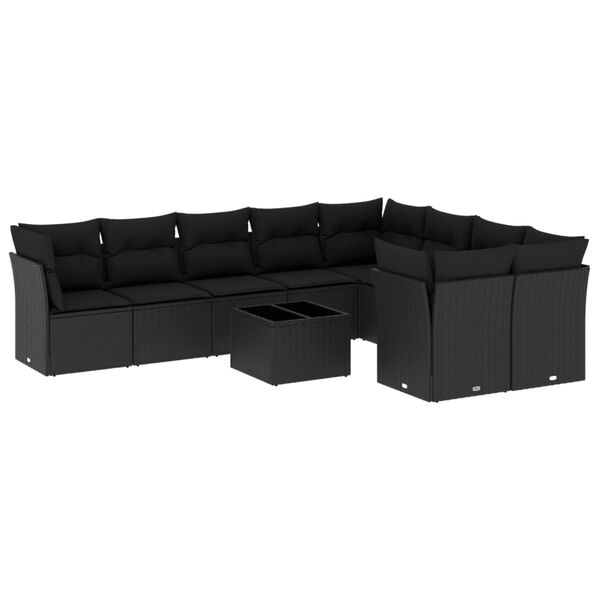 vidaXL 10-tlg. Garten-Sofagarnitur mit Kissen Schwarz Poly Rattan