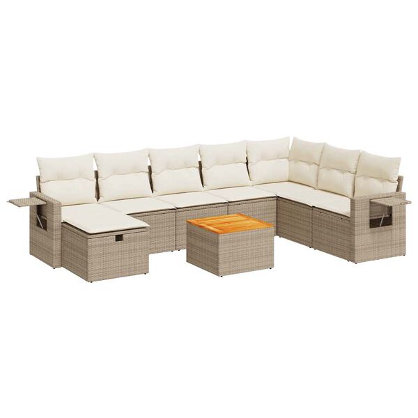 vidaXL 9-tlg. Garten-Sofagarnitur mit Kissen Beige Poly Rattan