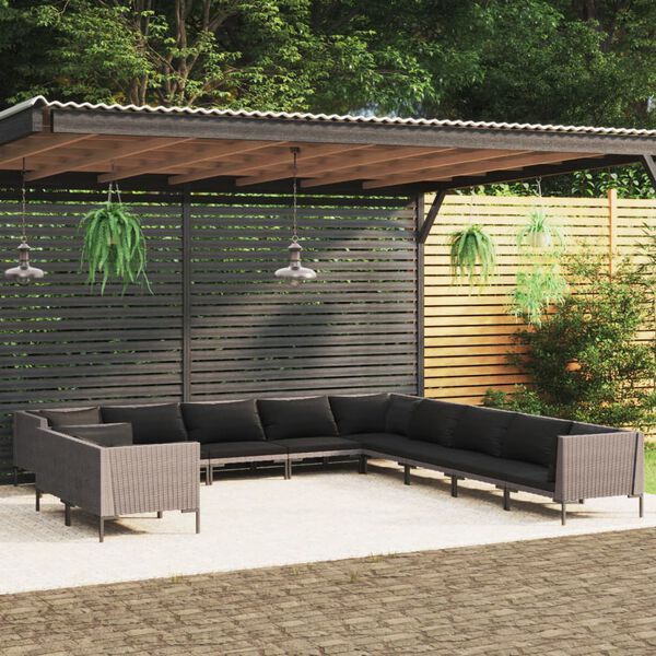 vidaXL 11-tlg. Garten-Lounge-Set mit Kissen Poly Rattan Dunkelgrau