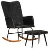 vidaXL Schaukelsessel mit Hocker Schwarz Echtleder