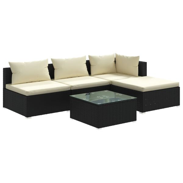 vidaXL 5-tlg. Garten-Lounge-Set mit Kissen Poly Rattan Schwarz