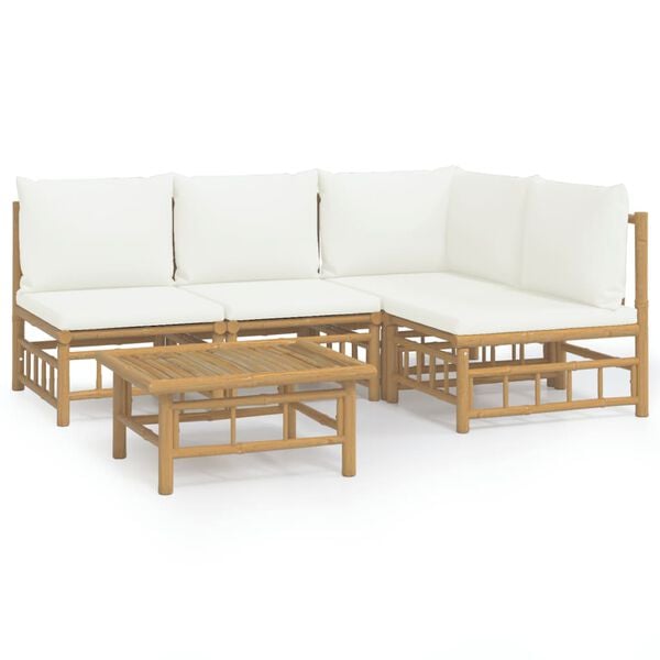 vidaXL 5-tlg. Garten-Lounge-Set mit Cremeweißen Kissen Bambus