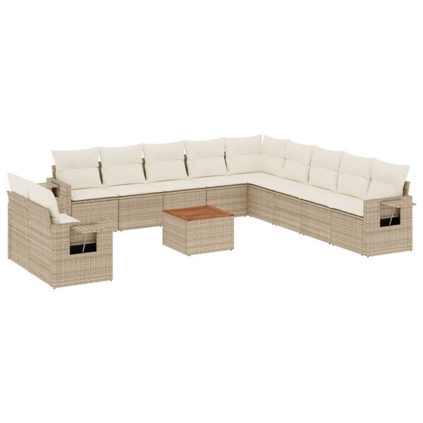 vidaXL 12-tlg. Garten-Sofagarnitur mit Kissen Beige Poly Rattan