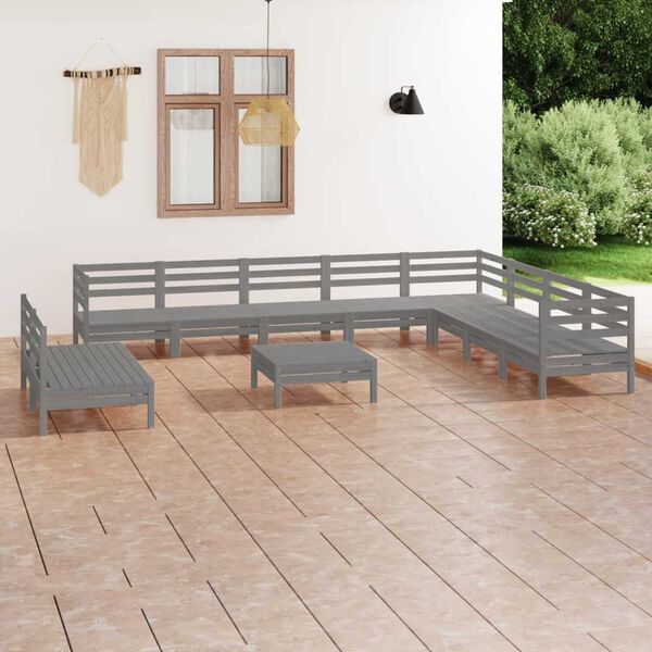 vidaXL 11-tlg. Garten-Lounge-Set Massivholz Kiefer Grau