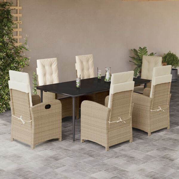 vidaXL 7-tlg. Garten-Essgruppe mit Kissen Beige Poly Rattan