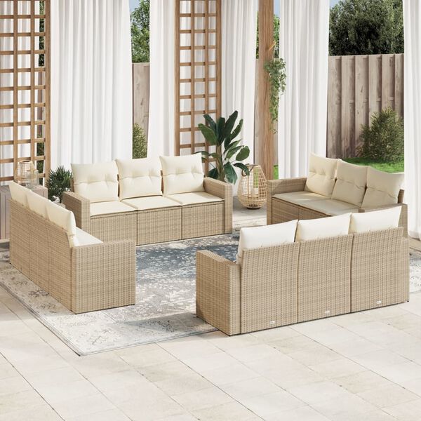 vidaXL 12-tlg. Garten-Sofagarnitur mit Kissen Beige Poly Rattan