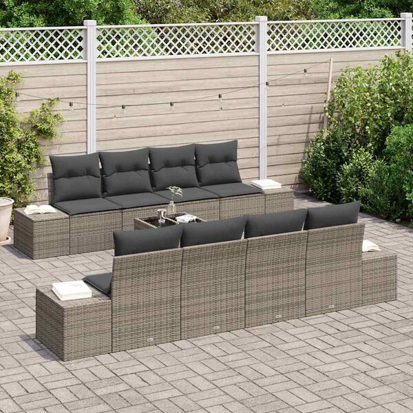 vidaXL Garten-Sofa-Set mit Kissen mit Speicher 8 pcs Grau Poly-Rattan
