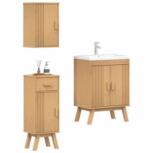 vidaXL Badezimmerm&ouml;bel-Set mit Regal 3 pcs Braun Massivholz Kiefer