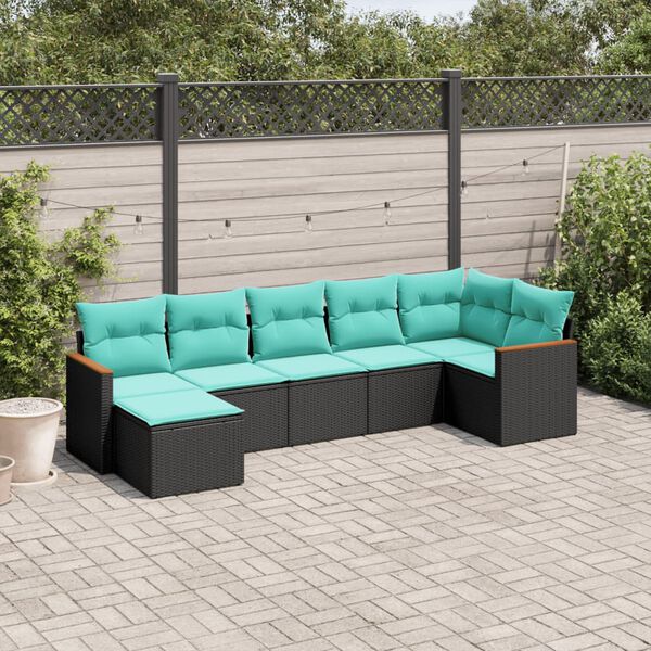 vidaXL 7-teiliges Gartensofa-Set mit Kissen, schwarzes Polyrattan