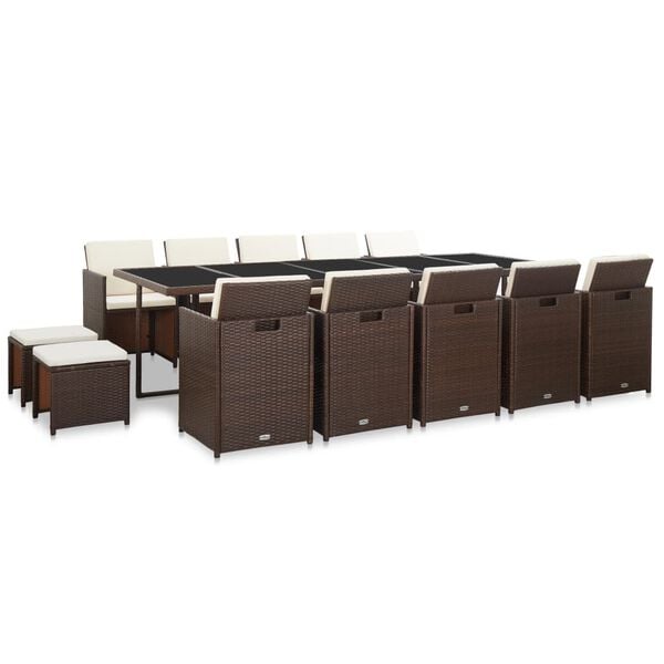 vidaXL 15-tlg. Garten-Essgruppe mit Auflagen Poly Rattan Braun