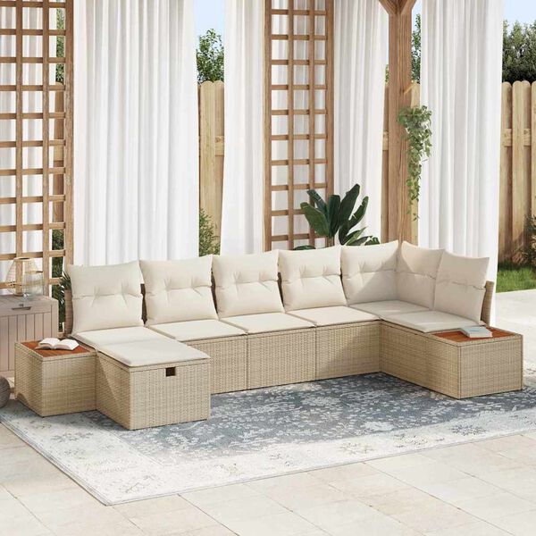 vidaXL Gartensofa-set mit Kissen mit Speicher 7 pcs Beige Poly-Rattan